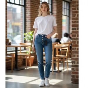 Just Black Denim Ribcage Button Down Straight Jeans Med Wash Sz 31 x 28 /#26919
